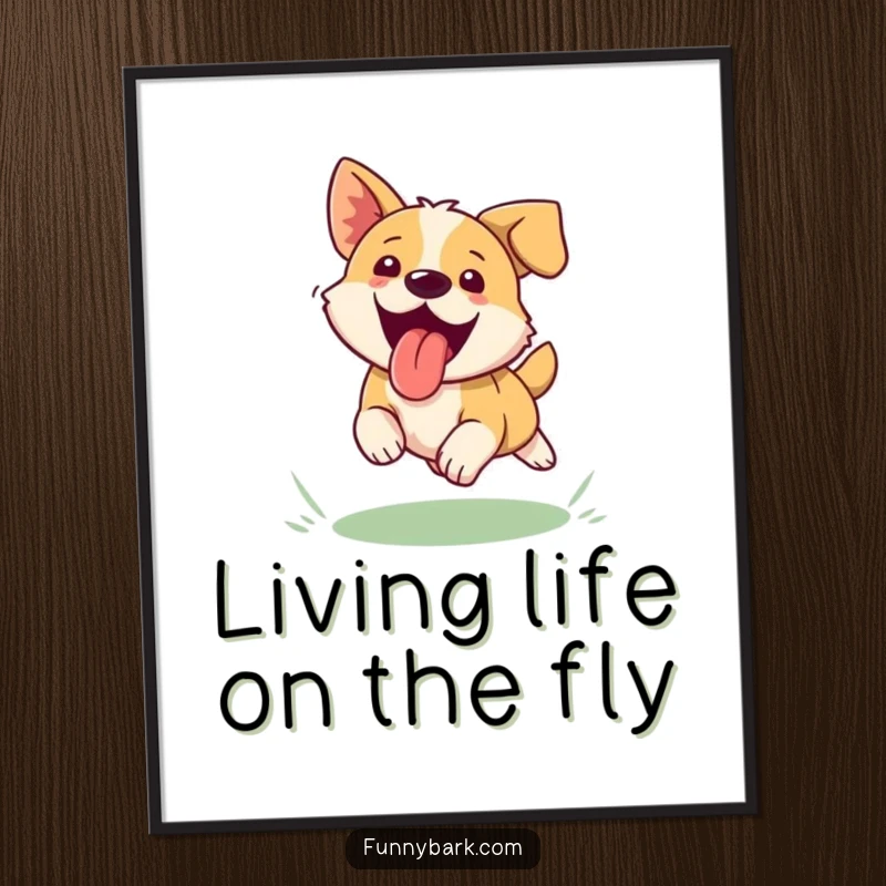 Funny free printable wall art of a dog with its tongue out, ecstatic about chasing a frisbee. Downloadable dog decor.