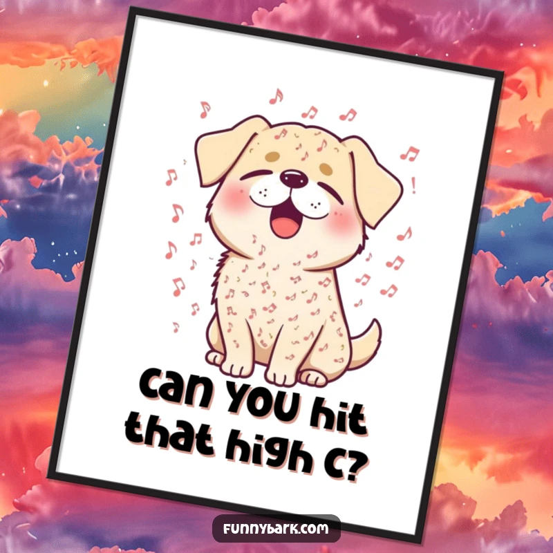 Funny Free Printable Wall Art: A dog joyfully singing amidst a shower of tiny musical notes, eyes closed in a performance.