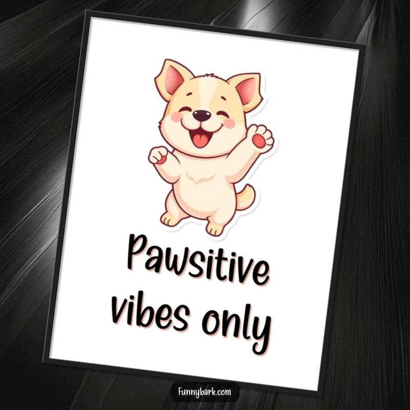 Funny Free Printable Wall Art: A playful dog animatedly jumping, with one paw curiously raised in the air.