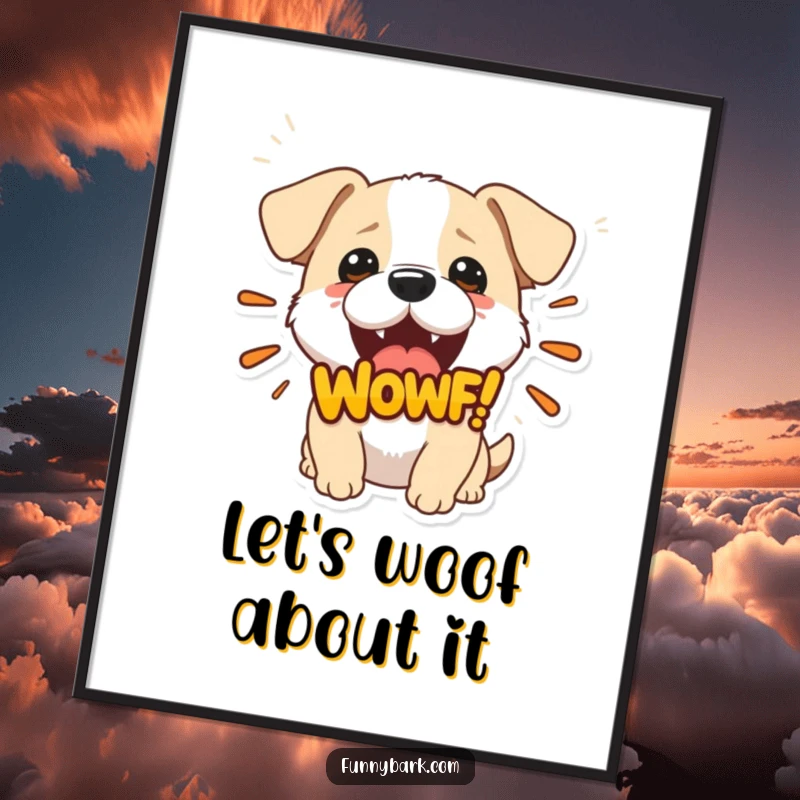 Funny free printable wall art of a small dog with its mouth open, letting out a prominent 'Woof!' graphic.