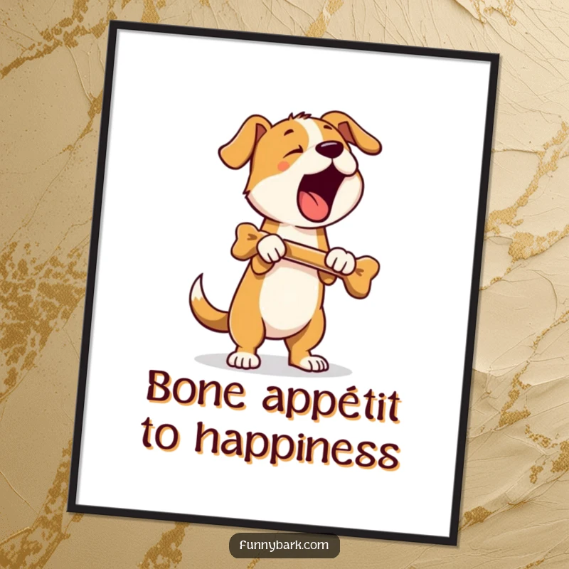 Funny Free Printable Wall Art: A dog stands on hind legs, holding a bone, barking loudly with personality.