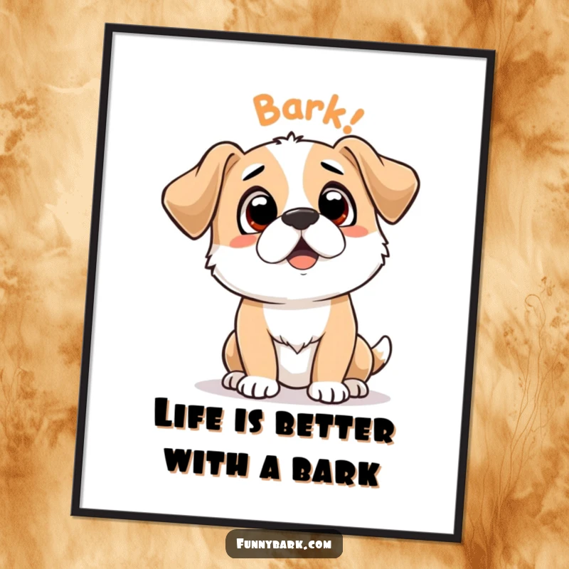 Funny Free Printable Wall Art: A dog looks up expectantly with a 'bark bark' visual cue, ready for anything.