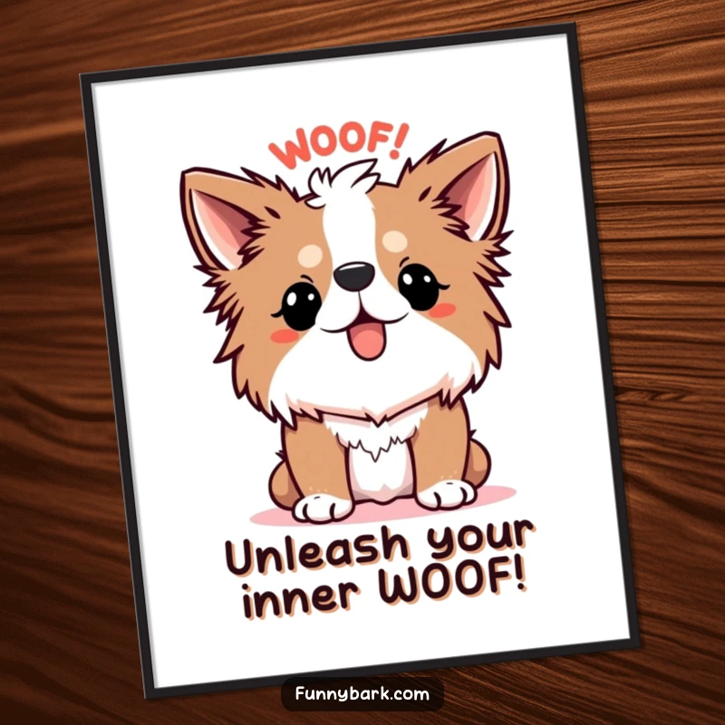 Funny Free Printable Wall Art: A dog with fur on end emitting a large, cartoonish WOOF!, perfect downloadable decor.