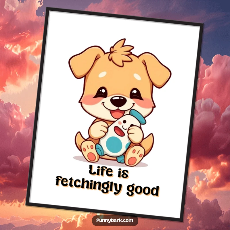 Funny Free Printable Wall Art of a dog character with a playful grin, offering its favorite toy as a welcoming gift.