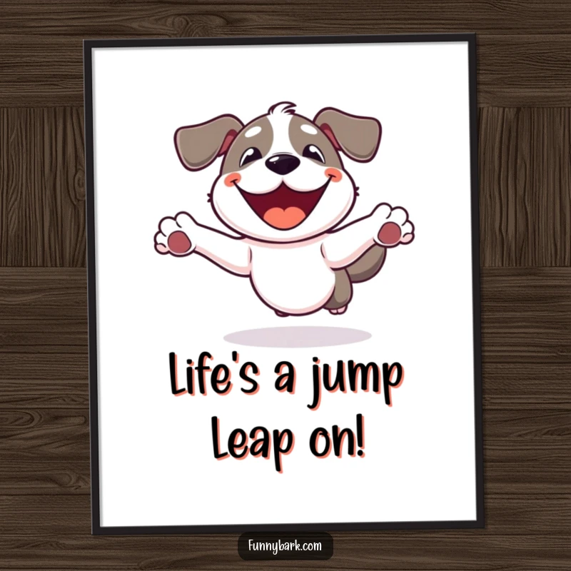 Funny Free Printable Wall Art: Dog with a huge, beaming smile leaping enthusiastically into the air, full of life.