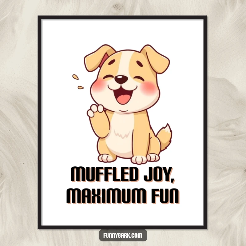 Funny Free Printable Wall Art featuring a cartoon dog happily muffling a bark into its paw, a moment of cute restraint. Downloadable art.