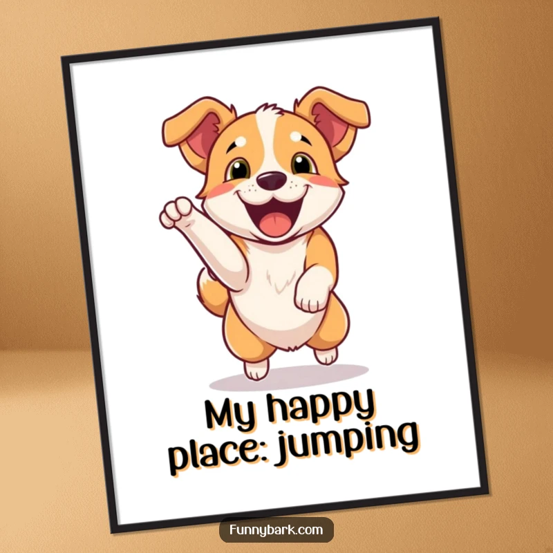 Funny Free Printable Wall Art: A dog jumps with excitement, letting out a happy bark, embodying pure, energetic joy.