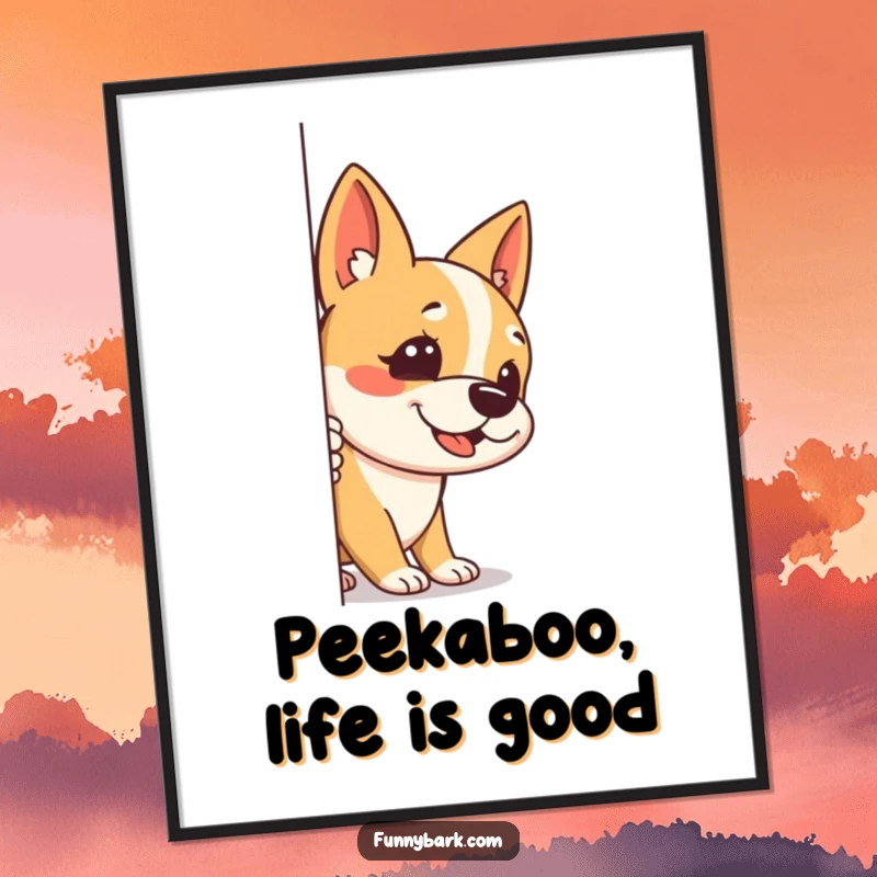 Funny Free Printable Wall Art: A dog peeks around a corner, one ear alert, letting out a quiet, stealthy bark.