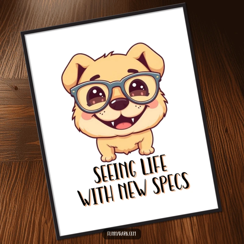 Funny free printable wall art of a dog sporting a huge, silly grin while wearing oversized, floppy glasses. Downloadable art.