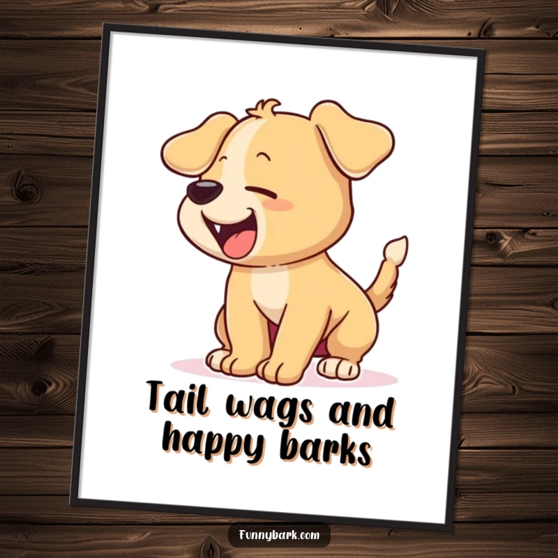 Funny free printable wall art of an energetic cartoon puppy frantically wagging its tail and barking excitedly.
