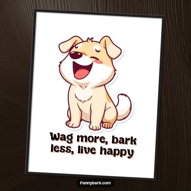 Funny Free Printable Wall Art: A dog character barking with ecstatic energy and a furiously wagging tail, radiating pure happiness.