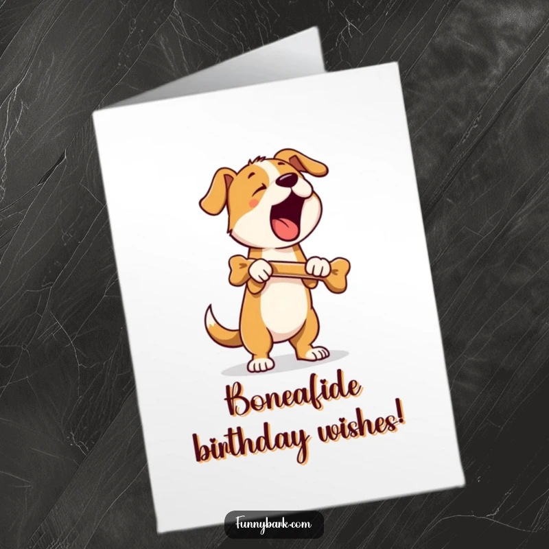Funny free printable birthday card featuring a happy dog on hind legs barking loudly holding a bone.
