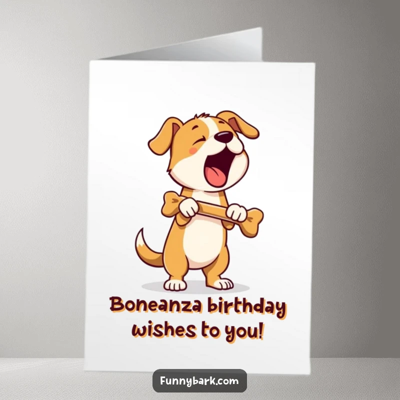 Funny Free Printable Birthday Card: A dog stands on hind legs holding a bone, barking loudly for a birthday.