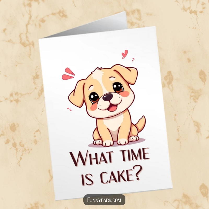 Funny Free Printable Birthday Card of a dog with head tilted curiously, emitting playful sound waves.