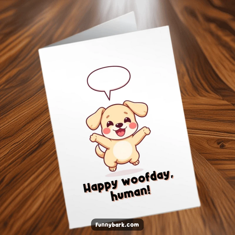 Funny Free Printable Birthday Card: Small dog leaping joyfully, floppy ears flying, speech bubble saying 'Happy Birthday!'. A playful canine design.