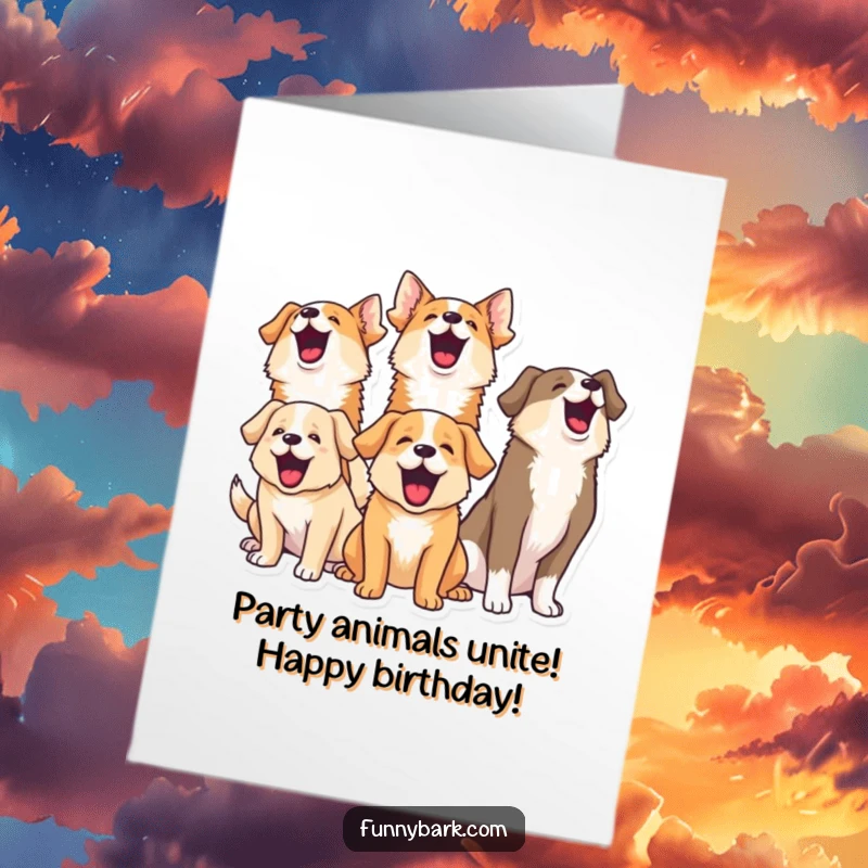 Funny Free Printable Birthday Card: Pack of dogs tilting heads, barking joyfully upwards, perfect DIY downloadable gift.