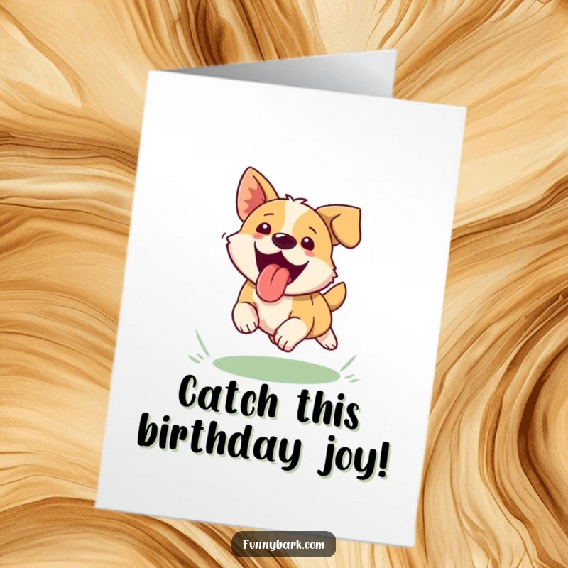 Funny free printable birthday card of a small dog with tongue out, joyfully chasing a frisbee. Instant downloadable fun.