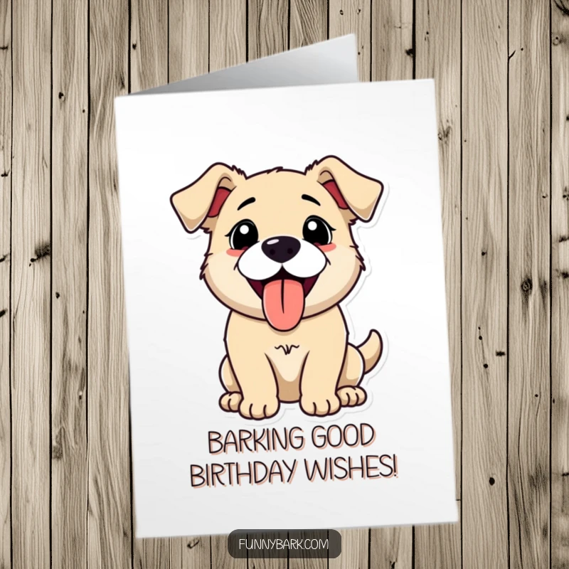 Funny free printable birthday card shows a happy dog with its tongue out, panting enthusiastically mid-bark.