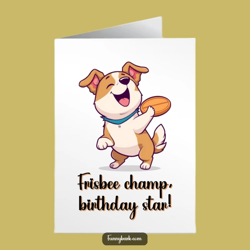 Free Printable Birthday Card: Triumphant Dog Catches Frisbee - Funny Dog Downloadable Gift
