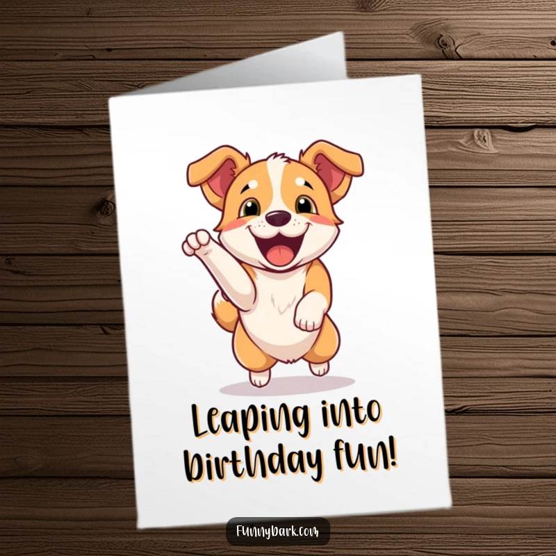 Funny Free Printable Birthday Card: A dog jumps with excitement, letting out a happy bark, ready to party.