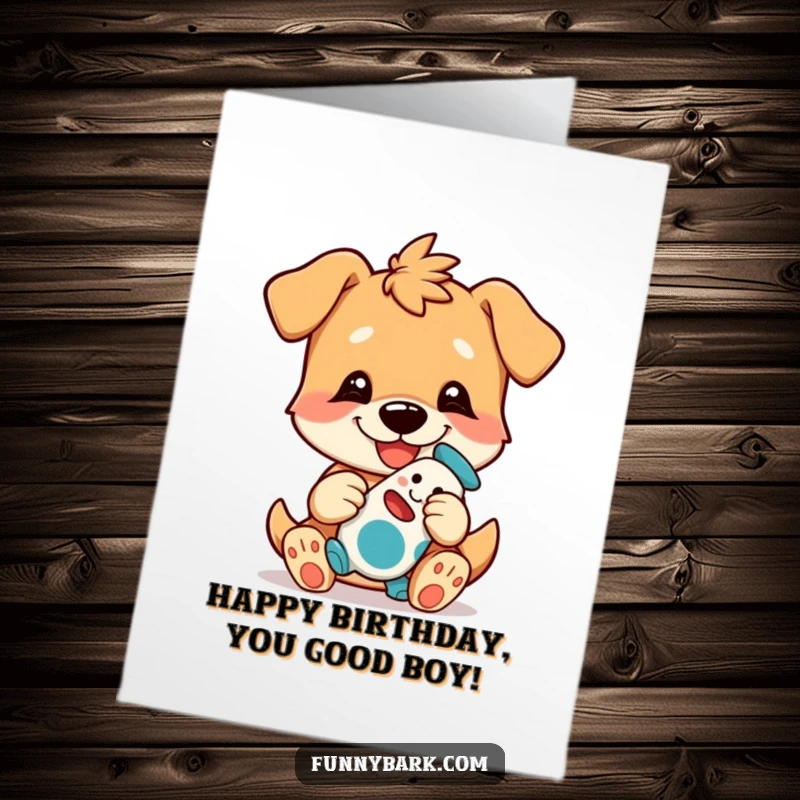 Funny Free Printable Birthday Card showing a dog character with a playful grin, joyfully presenting its most treasured toy.
