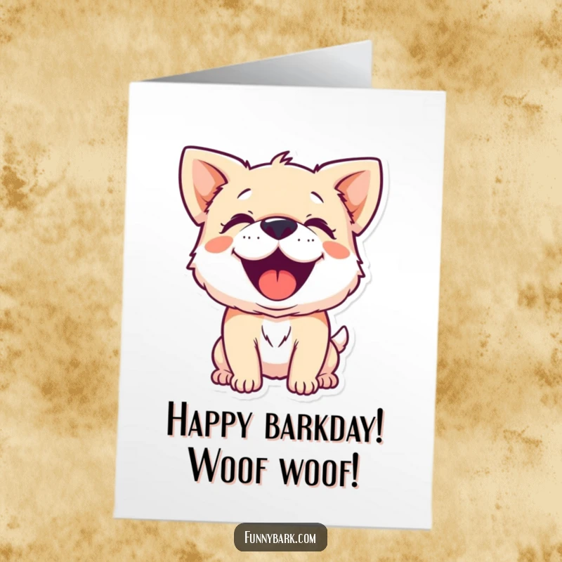 Funny free printable birthday card featuring a small dog character barking with uncontainable, joyful exuberance.