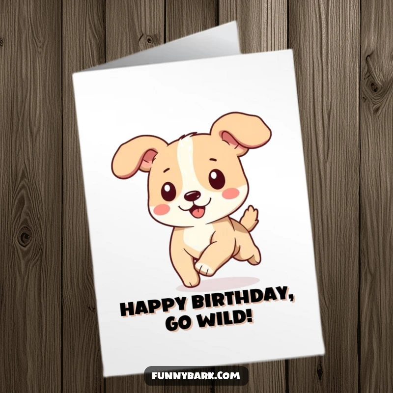 Funny free printable birthday card of a dog running with ears flapping joyfully in the wind. Downloadable celebration.