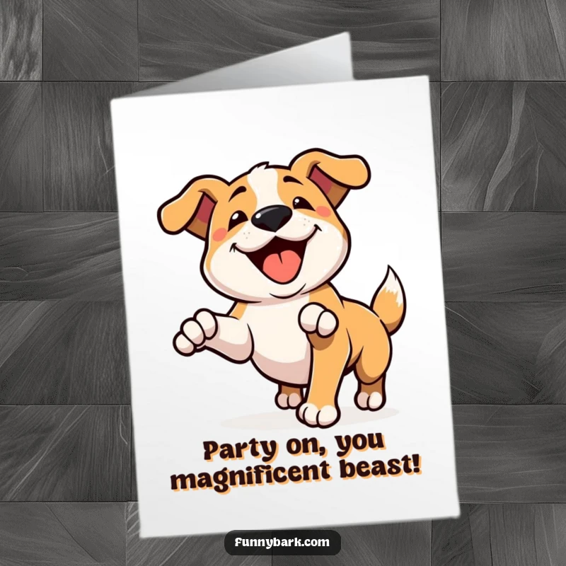 Funny Free Printable Birthday Card: A dog joyfully pounces with a happy bark, ready to celebrate a birthday.