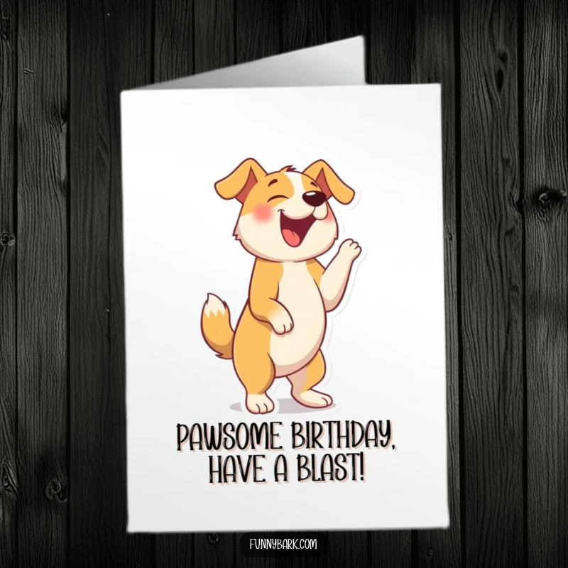 Funny Free Printable Birthday Card: Dog on hind legs barking with pure joy, celebrating birthdays, DIY downloadable gift.