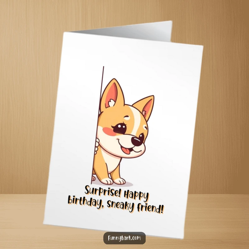 Funny Free Printable Birthday Card: A dog peeks around a corner with one ear up, stealthily barking a birthday wish.