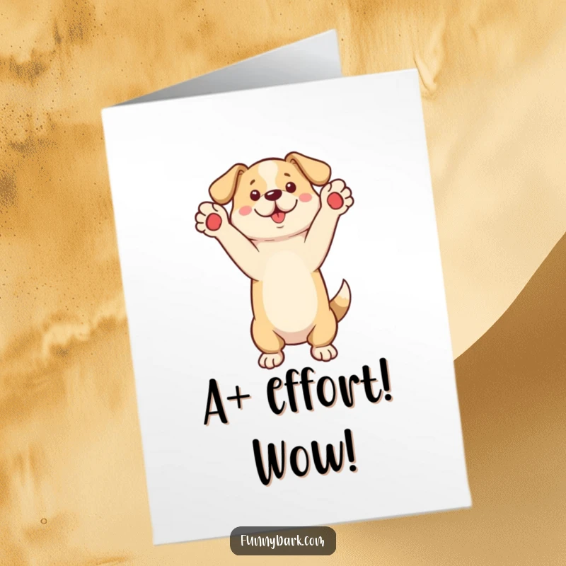 Funny Free Printable Congratulations Card with a dog on its hind legs, paws raised, enthusiastically calling out congrats.