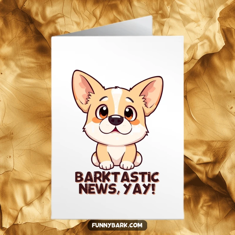 Funny free printable congratulations card: a dog with wide eyes and ears perked high in surprise, reacting to amazing news with pure shock.