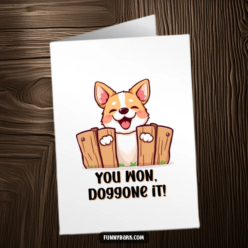 Funny Free Printable Congratulations Card: A dog energetically barking while peeking from behind a wooden fence.