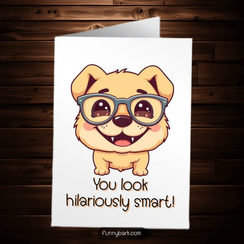 Funny free printable congratulations card featuring a dog with a huge grin wearing large, floppy glasses. Downloadable success art.