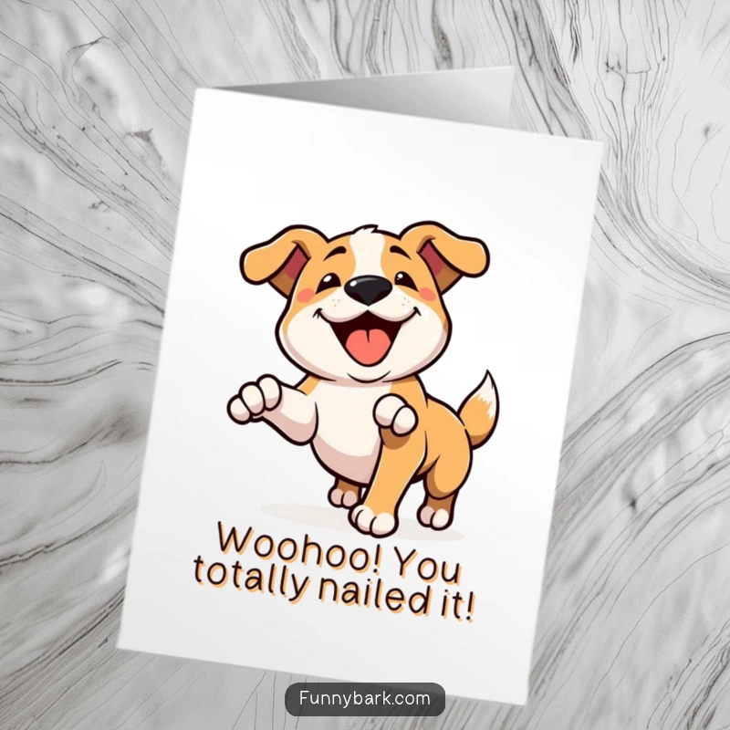Funny Free Printable Congratulations Card: A dog playfully pounces and barks happily, celebrating a big win.