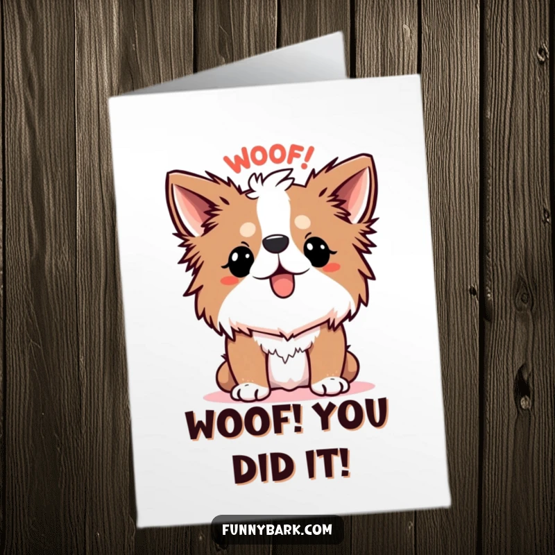 Funny Free Printable Congratulations Card: Dog's fur stands on end as a cartoonish WOOF! emanates, ideal downloadable gift.