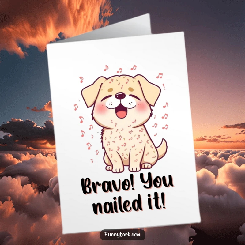 Free Printable Congratulations Card: A dog ecstatically covered in musical notes, celebrating with a powerful vocal performance.