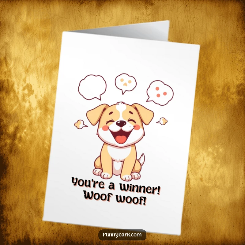 Funny Free Printable Congratulations card with an excited puppy barking loudly, conveying enthusiastic good wishes.