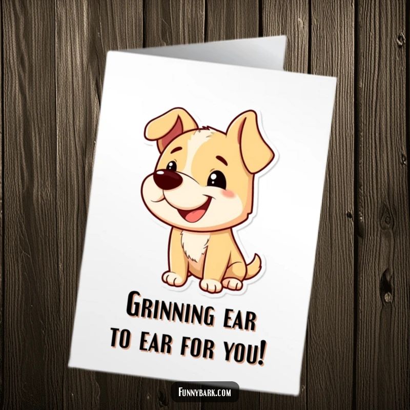 Funny free printable congratulations card shows a dog with a playful grin and tilted head, barking happily.