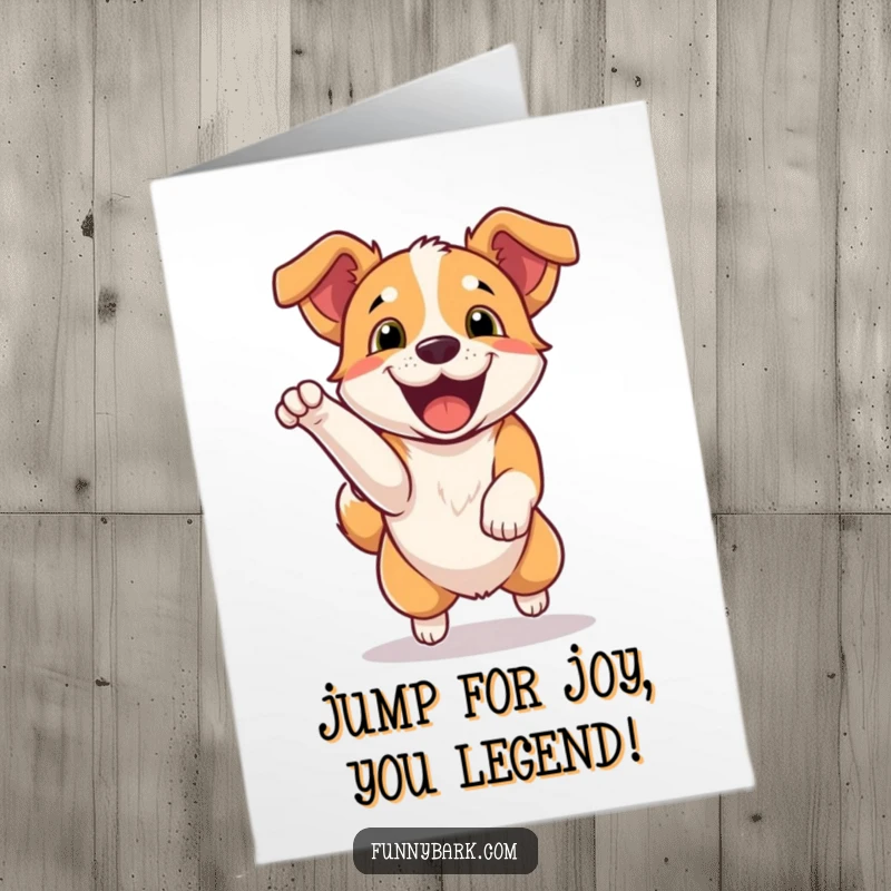 Funny Free Printable Congrats Card: A dog jumps with excitement, letting out a happy bark, celebrating your win.