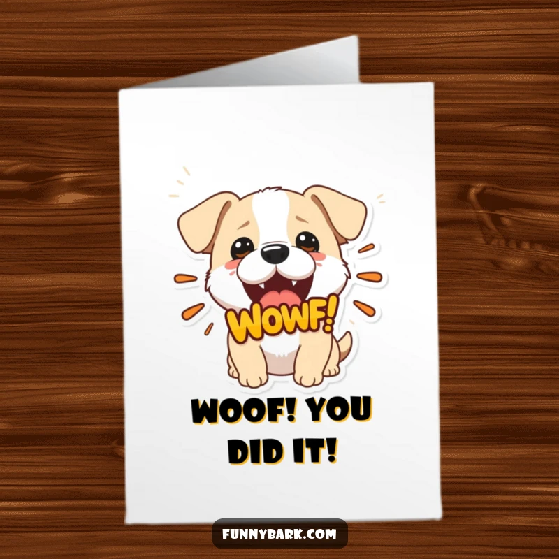 Funny free printable congratulations card showing a happy dog with mouth wide open, shouting a big Woof! graphic.