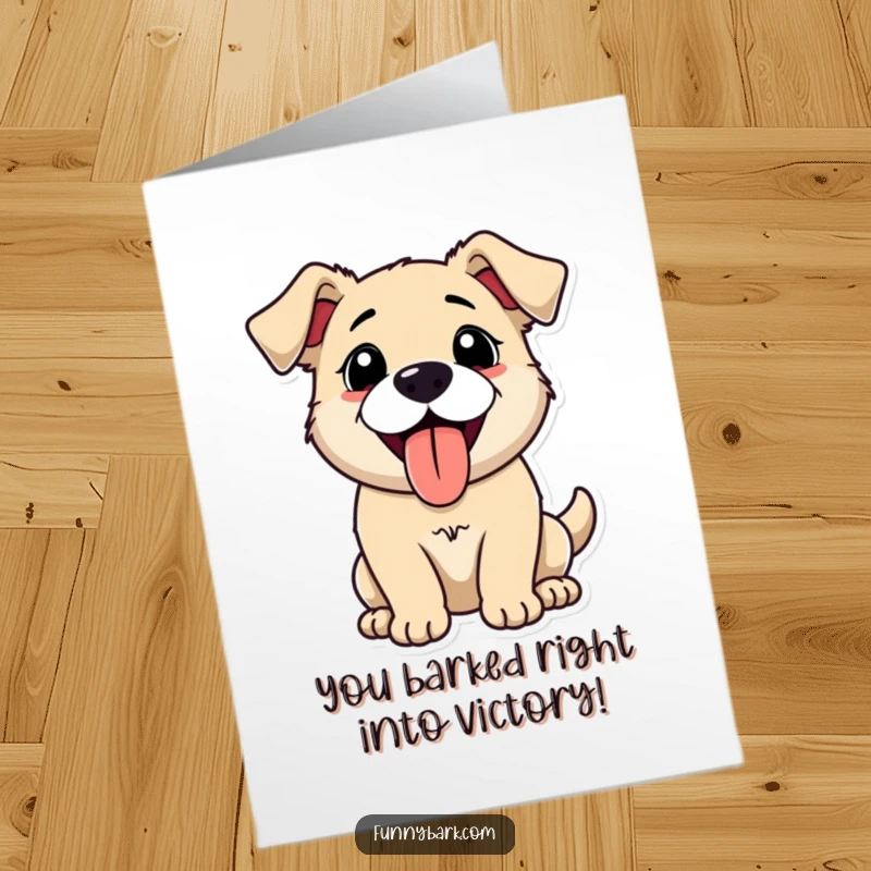 Funny free printable congratulations card featuring a happy dog panting with its tongue out, captured mid-bark.