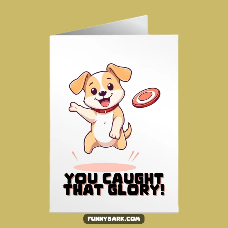 Free Printable Congrats Card: Bouncing Dog Catching Disc, Victorious Downloadable Gift