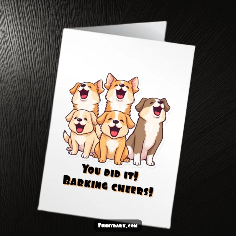 Funny Free Printable Congratulations Card: Group of dogs barking in unison, celebrating achievements, downloadable art.