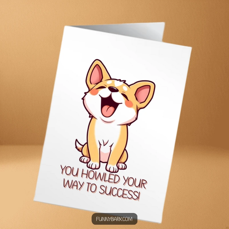 Funny free printable congratulations card showing a dog joyfully throwing its head back to howl with excitement.