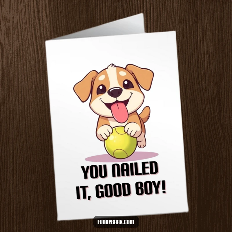 Funny Free Printable Congratulations Card with a dog grinning, tongue out, chasing a ball victoriously.
