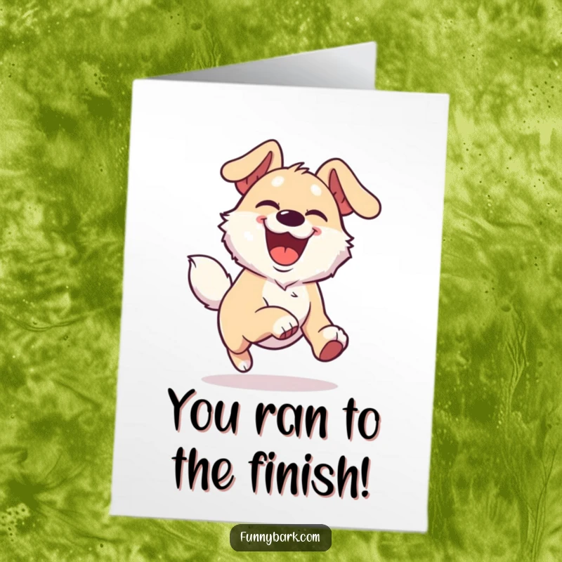 Funny Free Printable Congratulations Card depicting an overjoyed dog character running with boundless energy, celebrating a wonderful achievement.