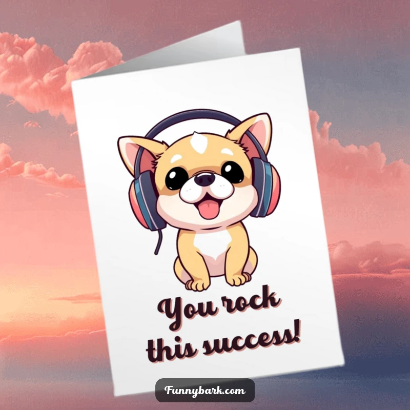 Funny free printable congratulations card: a small dog wearing large headphones, bopping its head, celebrating an achievement.