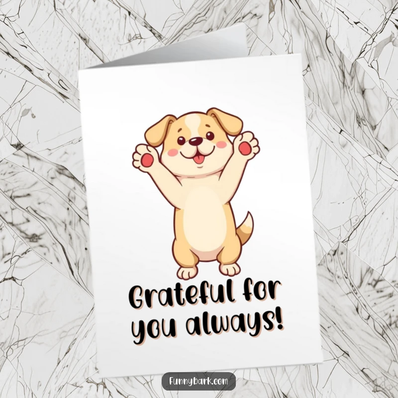 Funny Free Printable Thank You Card of a dog on its hind legs, paws raised, calling out thanks joyfully.