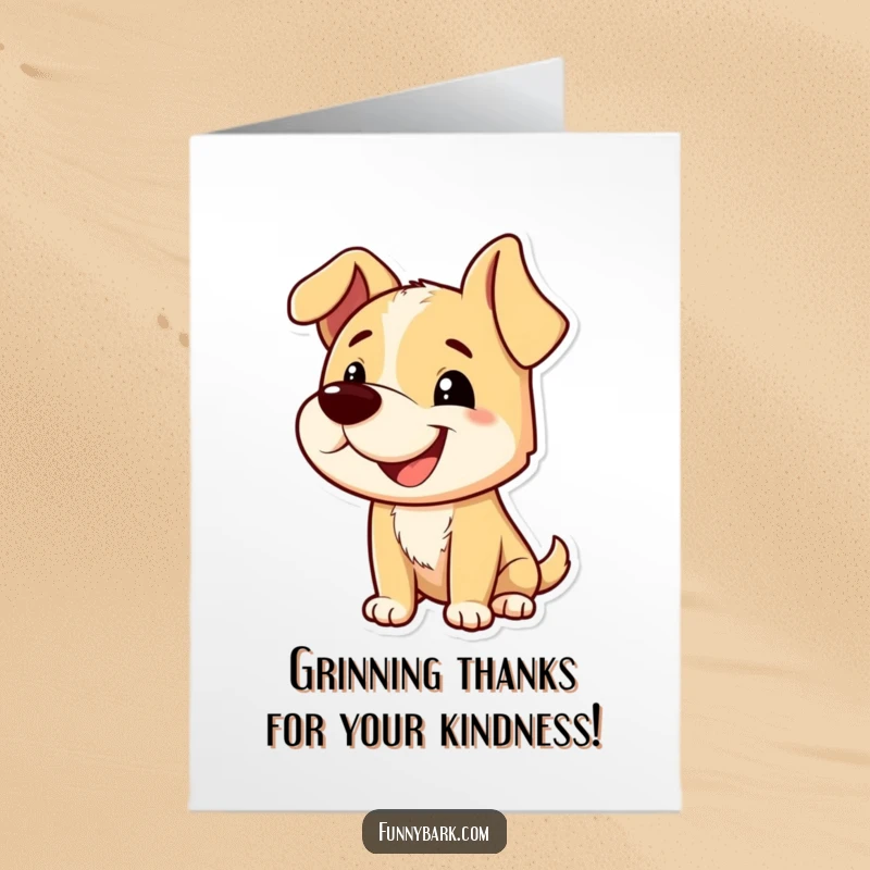 Funny free printable thank you card with a dog showing a playful grin and tilted head, barking thanks.